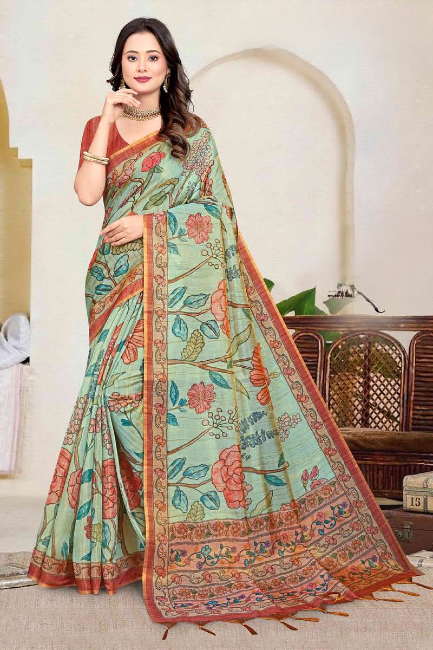 Premium Tissue Tussar Silk Saree with Elegant Floral Madhubani-Inspired Prints and Contrast Blouse