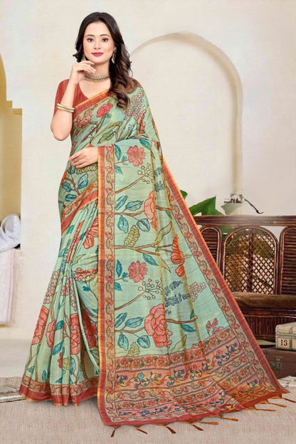Premium Tissue Tussar Silk Saree with Elegant Floral Madhubani-Inspired Prints and Contrast Blouse