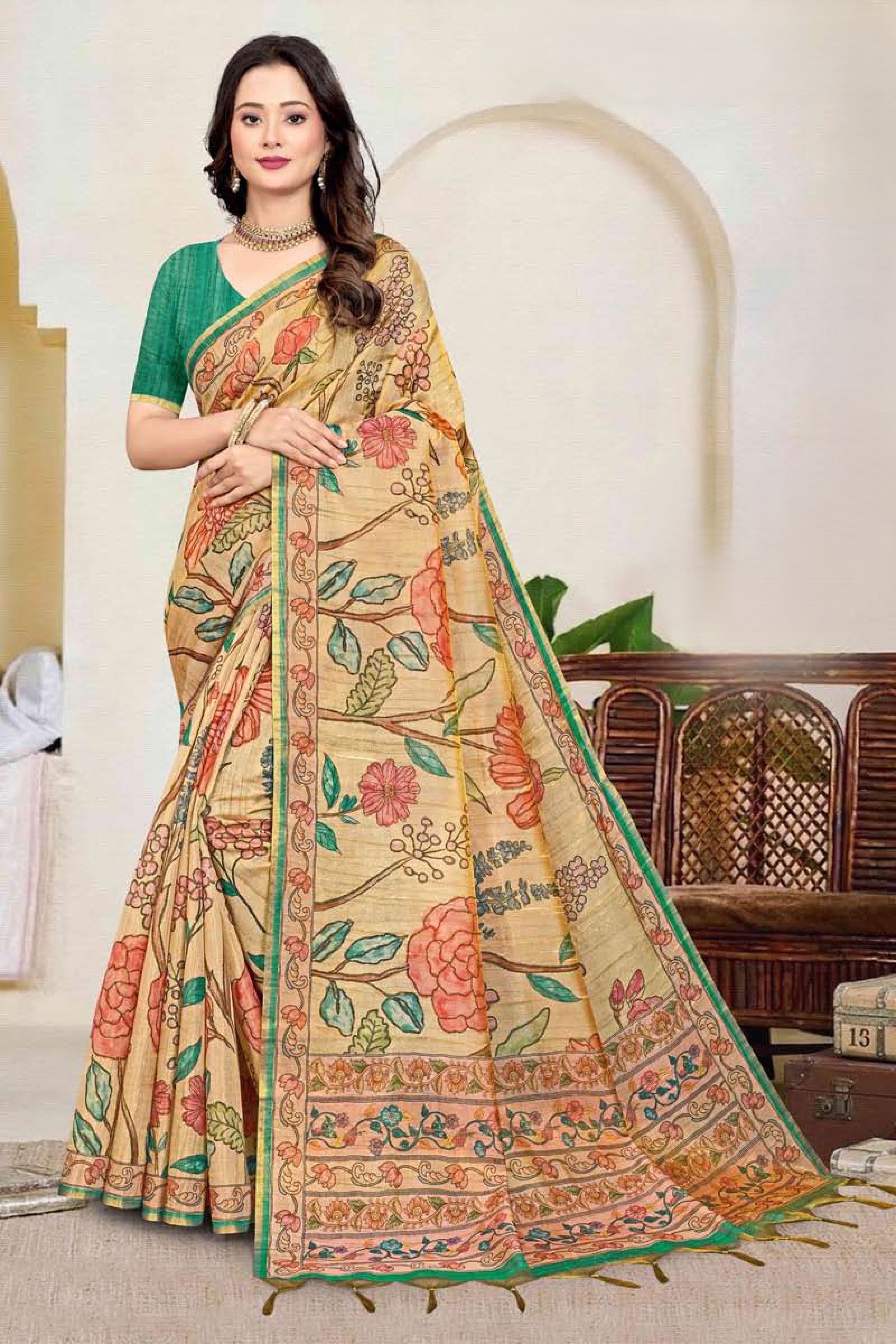 Premium Tissue Tussar Silk Saree with Elegant Floral Madhubani-Inspired Prints and Contrast Blouse