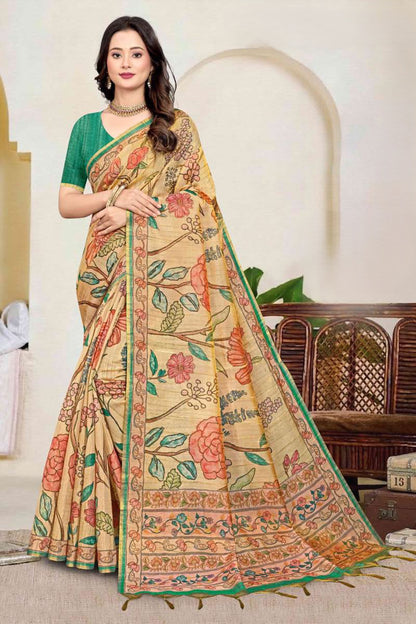 Premium Tissue Tussar Silk Saree with Elegant Floral Madhubani-Inspired Prints and Contrast Blouse