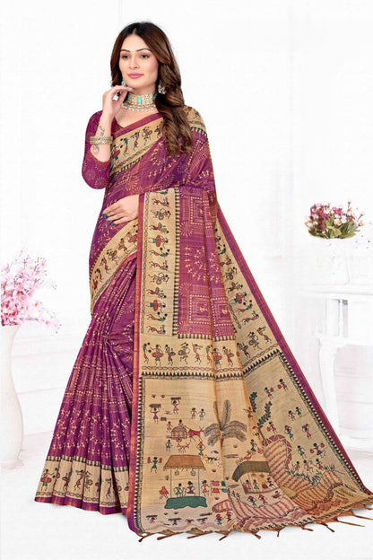 Premium Tissue Tussar Silk Saree with Traditional Warli Tribal Art and Contrast Blouse Piece