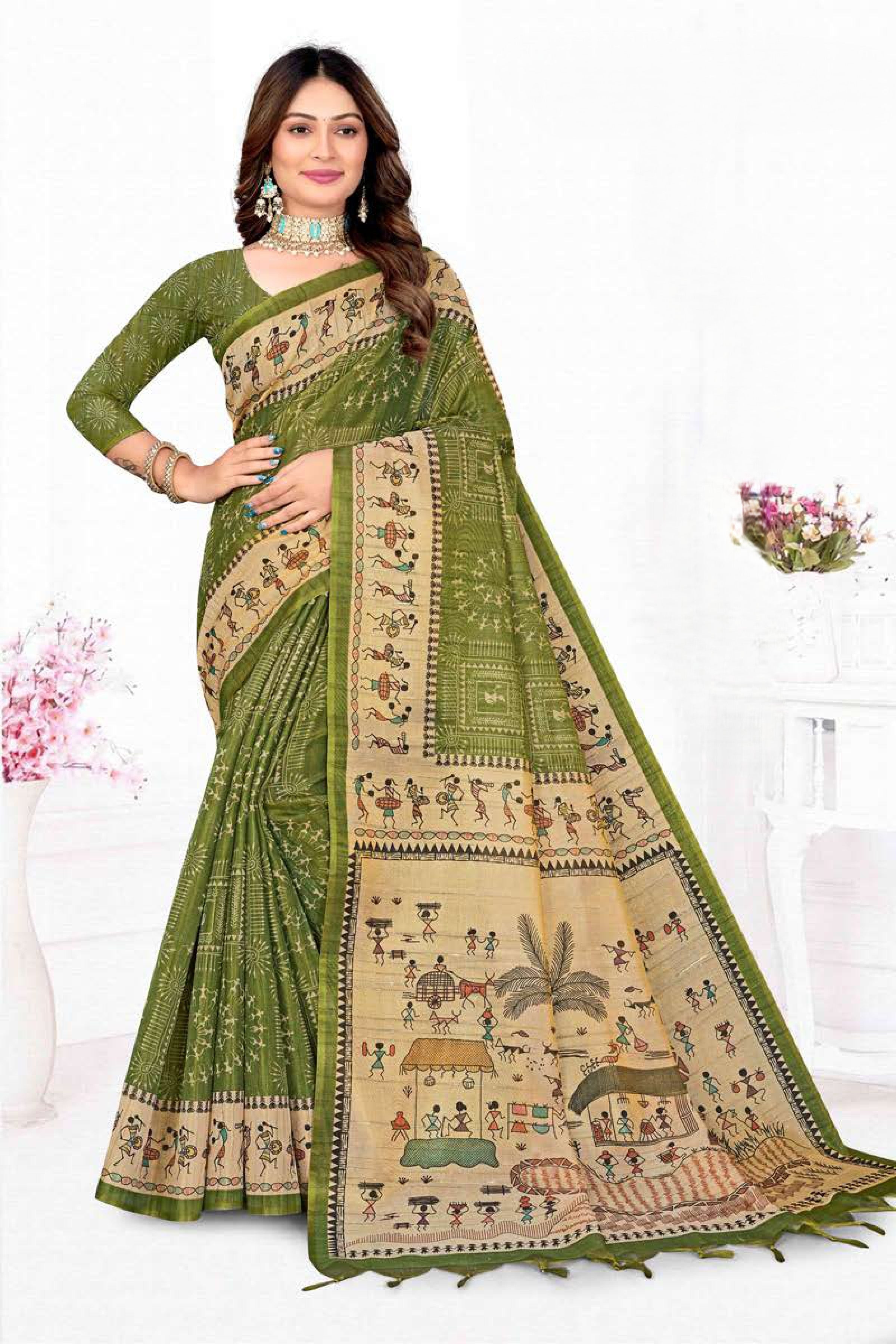 Premium Tissue Tussar Silk Saree with Traditional Warli Tribal Art and Contrast Blouse Piece