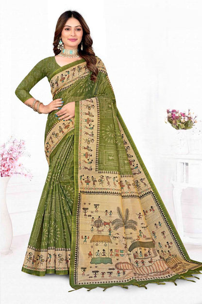 Premium Tissue Tussar Silk Saree with Traditional Warli Tribal Art and Contrast Blouse Piece
