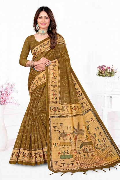 Premium Tissue Tussar Silk Saree with Traditional Warli Tribal Art and Contrast Blouse Piece