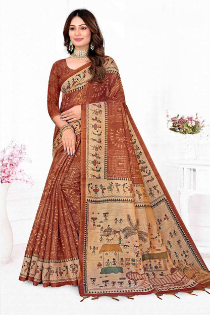 Premium Tissue Tussar Silk Saree with Traditional Warli Tribal Art and Contrast Blouse Piece