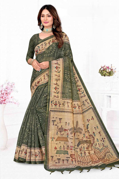 Premium Tissue Tussar Silk Saree with Traditional Warli Tribal Art and Contrast Blouse Piece