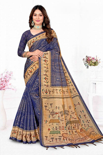 Premium Tissue Tussar Silk Saree with Traditional Warli Tribal Art and Contrast Blouse Piece