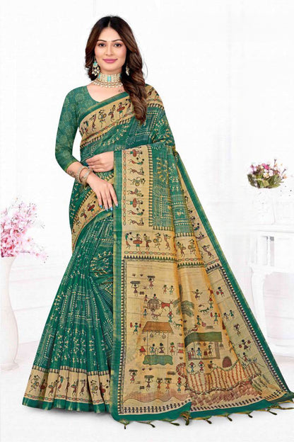 Premium Tissue Tussar Silk Saree with Traditional Warli Tribal Art and Contrast Blouse Piece