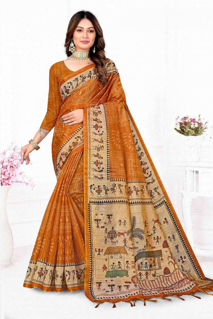 Premium Tissue Tussar Silk Saree with Traditional Warli Tribal Art and Contrast Blouse Piece