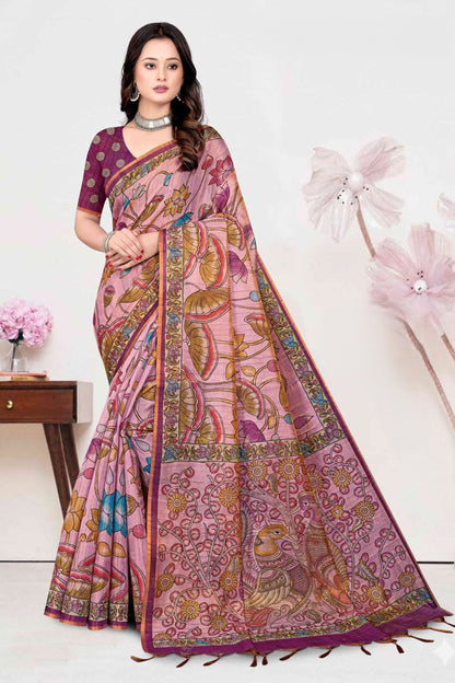 Premium Tissue Tussar Silk Saree with Pen-Kalamkari Peacock Pallu and Contrast Blouse Piece