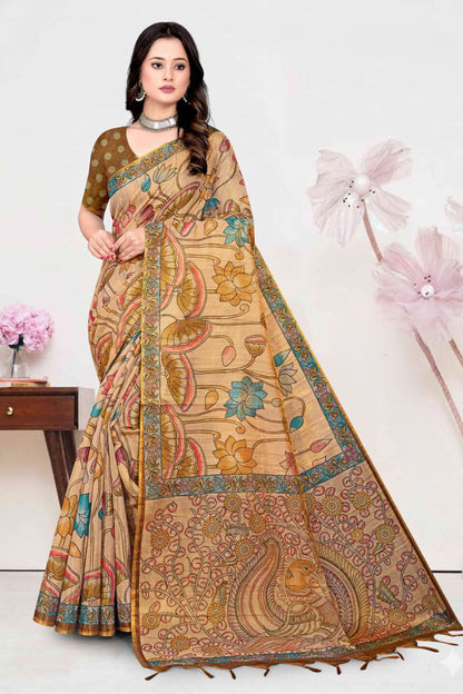 Premium Tissue Tussar Silk Saree with Pen-Kalamkari Peacock Pallu and Contrast Blouse Piece
