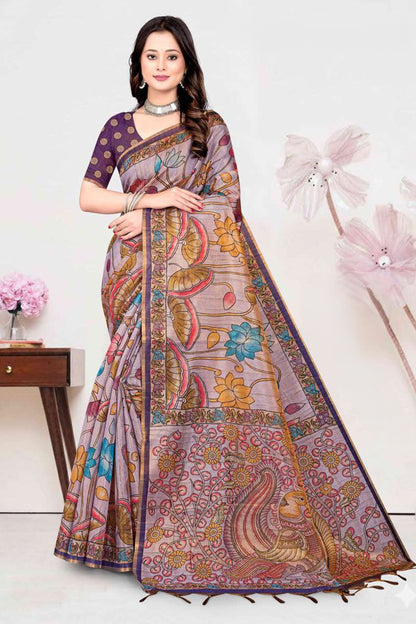 Premium Tissue Tussar Silk Saree with Pen-Kalamkari Peacock Pallu and Contrast Blouse Piece