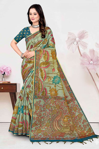 Premium Tissue Tussar Silk Saree with Pen-Kalamkari Peacock Pallu and Contrast Blouse Piece
