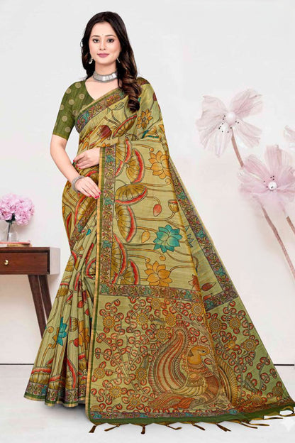 Premium Tissue Tussar Silk Saree with Pen-Kalamkari Peacock Pallu and Contrast Blouse Piece