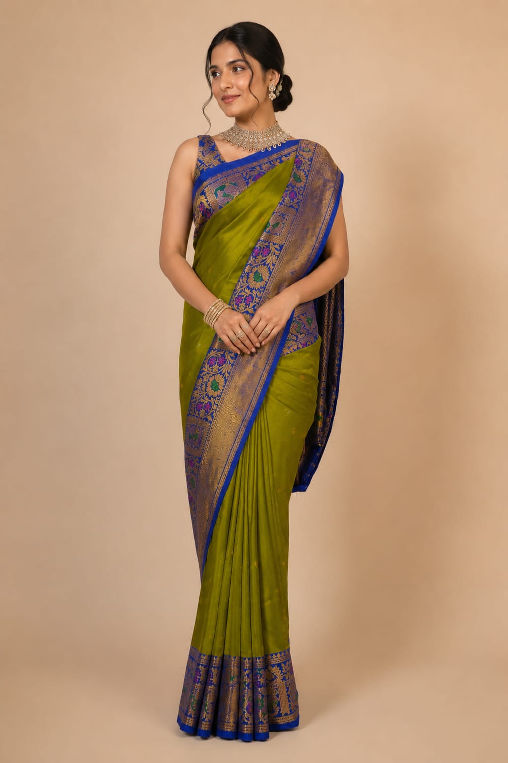 ZARTARI Handwoven Paithani Silk Saree – Olive Green with Royal Blue Floral Zari Border & Rich Woven Pallu