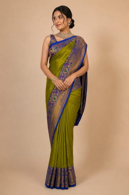 ZARTARI Handwoven Paithani Silk Saree – Olive Green with Royal Blue Floral Zari Border & Rich Woven Pallu