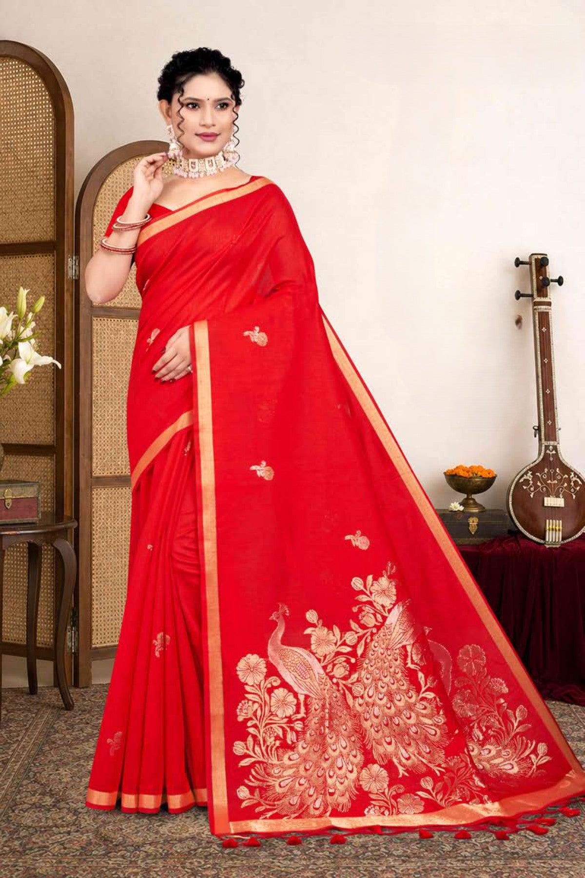 Zartari Premium Blended Mul Cotton Saree with Peacock Woven Pallu & Gold Zari Border