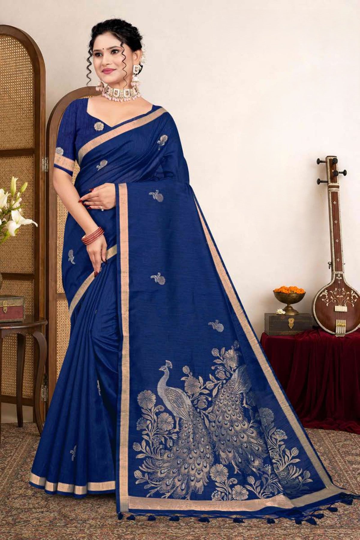 Zartari Premium Blended Mul Cotton Saree with Peacock Woven Pallu & Gold Zari Border