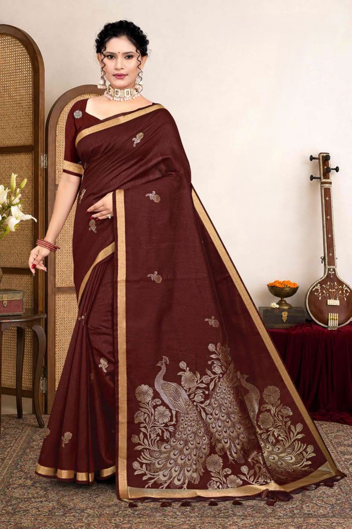 Zartari Premium Blended Mul Cotton Saree with Peacock Woven Pallu & Gold Zari Border