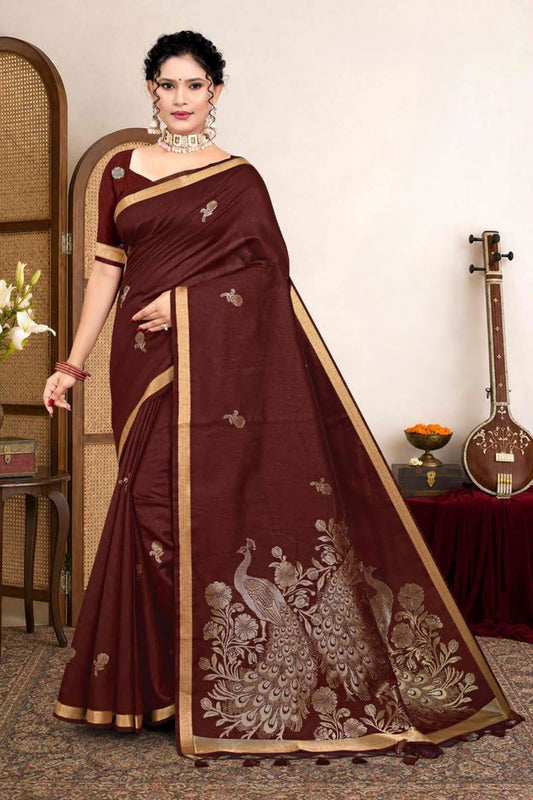 Zartari Premium Blended Mul Cotton Saree with Peacock Woven Pallu & Gold Zari Border