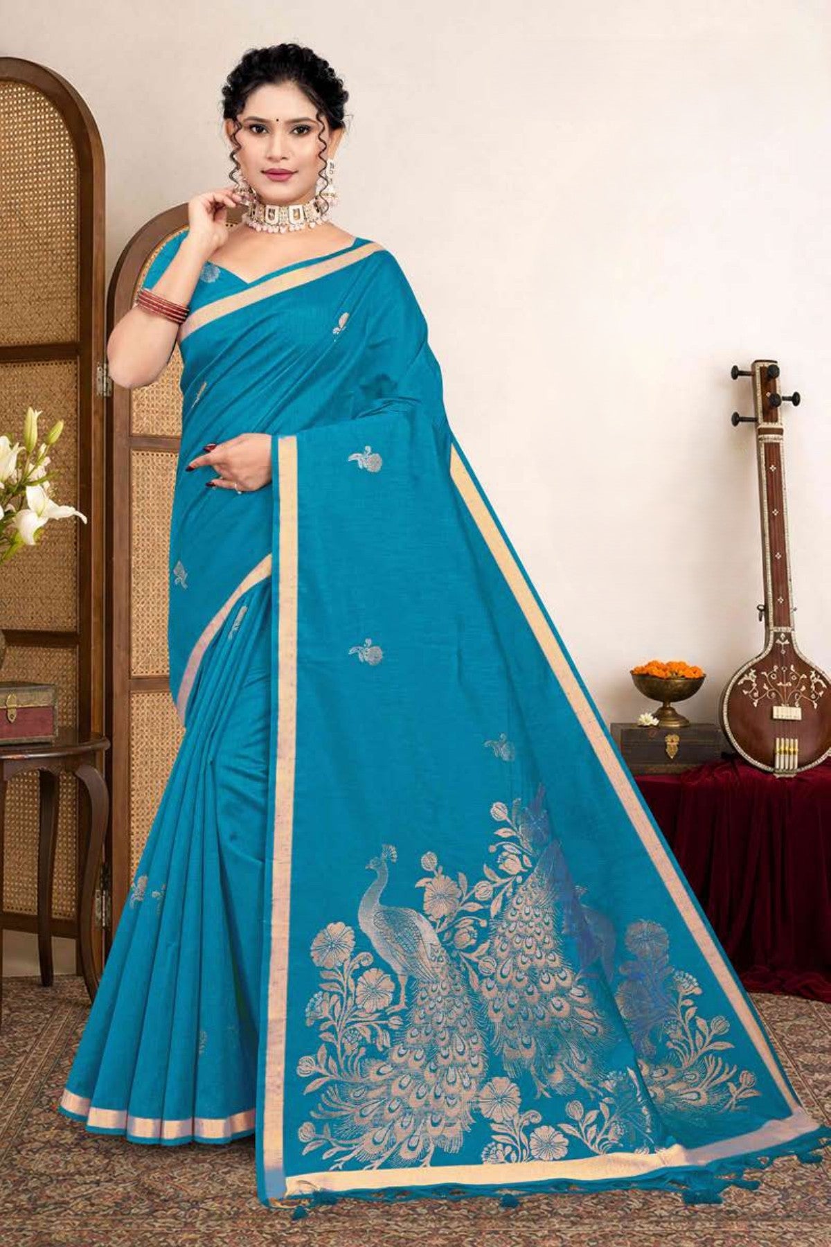 Zartari Premium Blended Mul Cotton Saree with Peacock Woven Pallu & Gold Zari Border