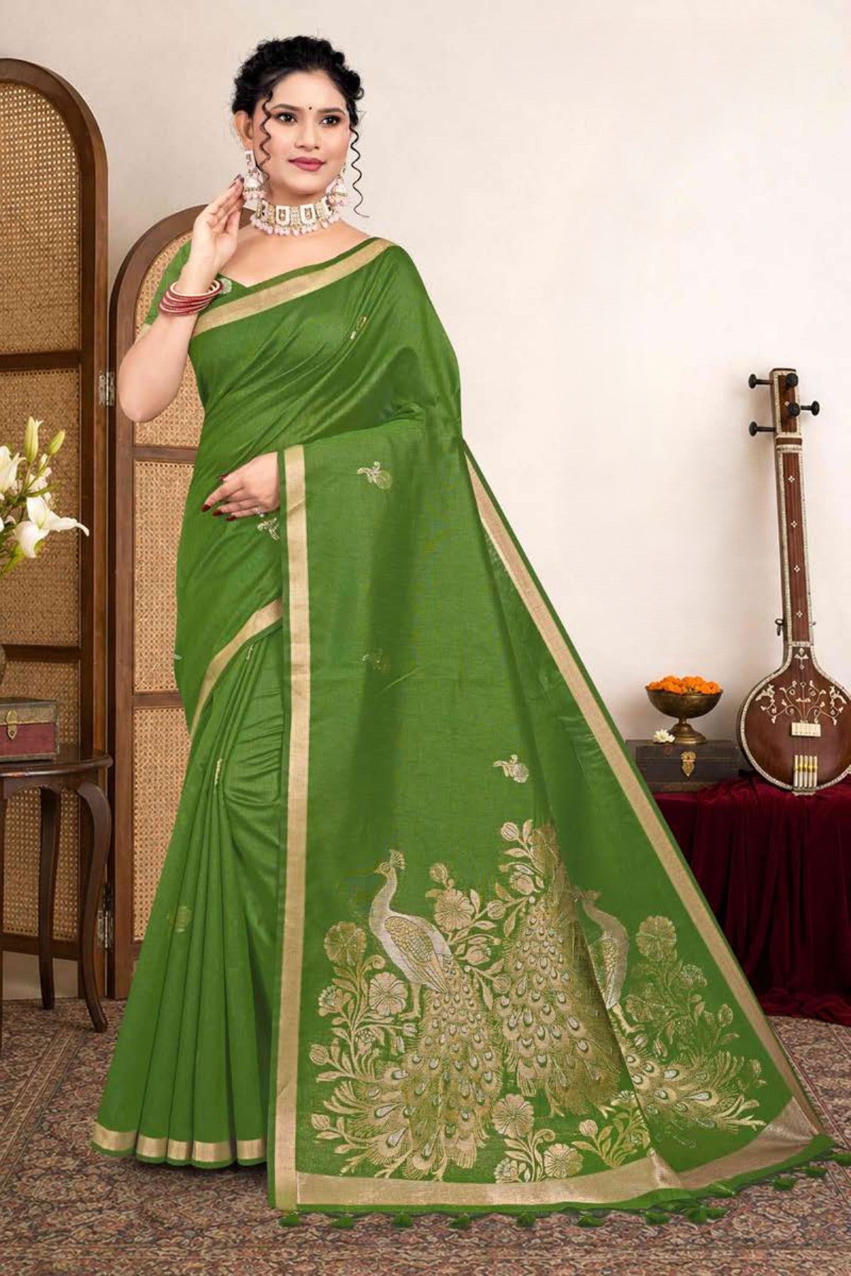 Zartari Premium Blended Mul Cotton Saree with Peacock Woven Pallu & Gold Zari Border