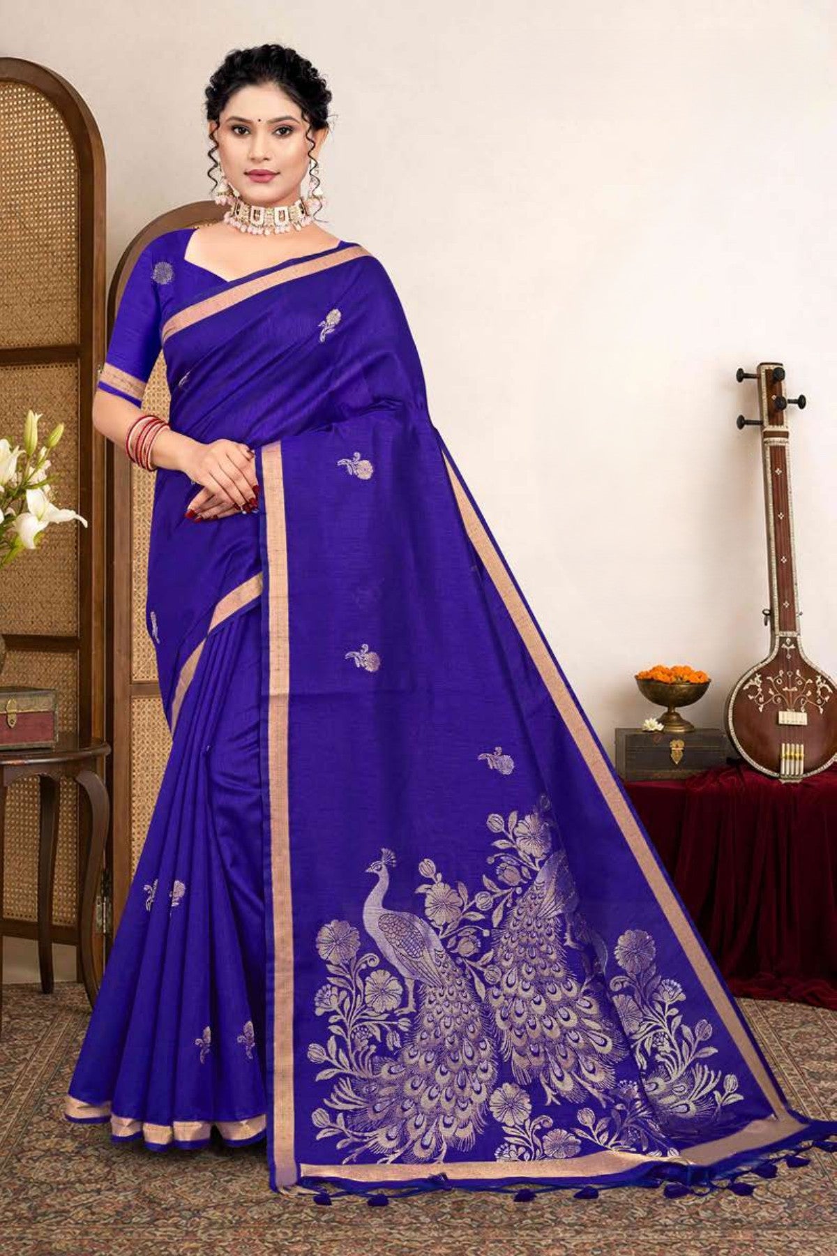 Zartari Premium Blended Mul Cotton Saree with Peacock Woven Pallu & Gold Zari Border