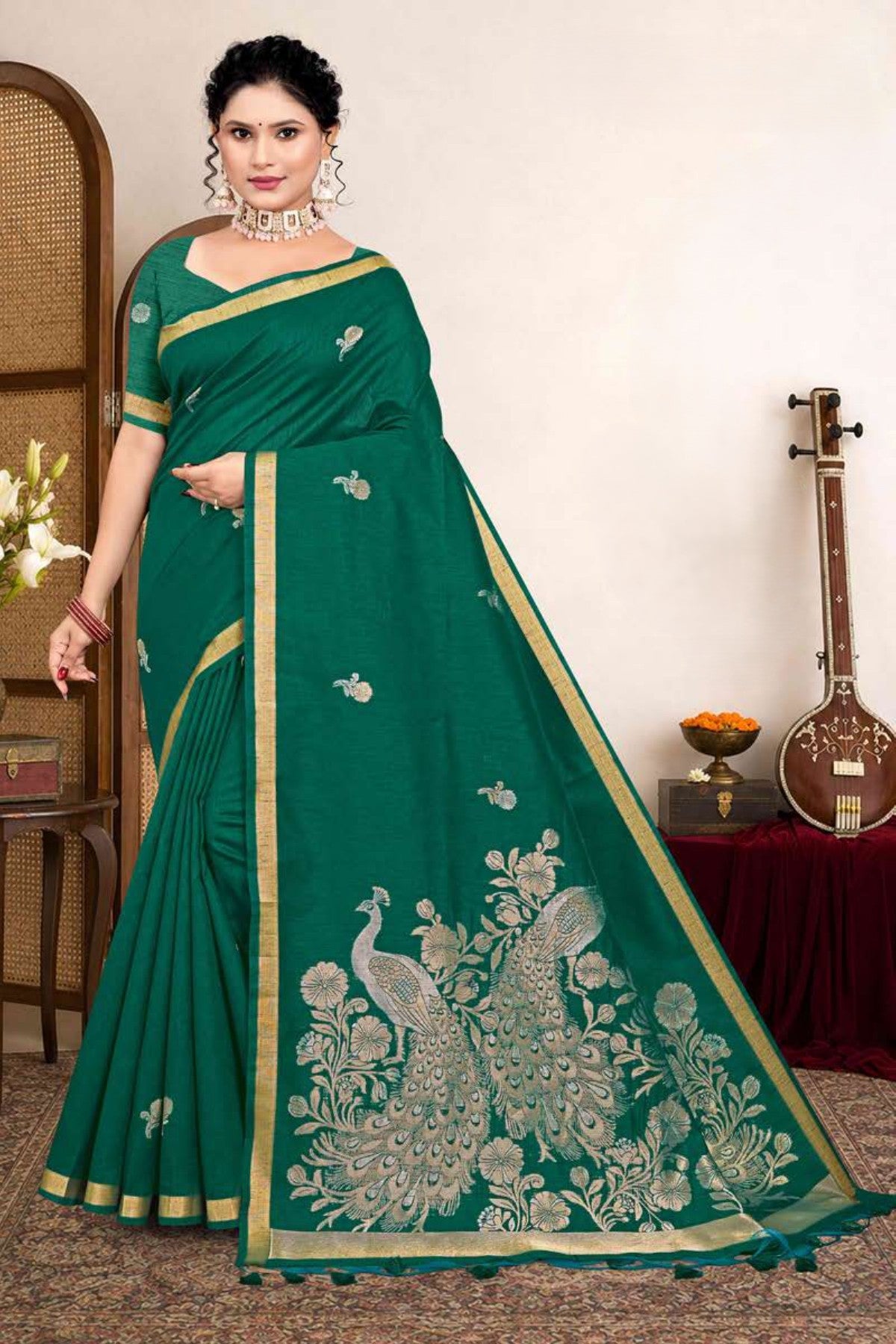 Zartari Premium Blended Mul Cotton Saree with Peacock Woven Pallu & Gold Zari Border