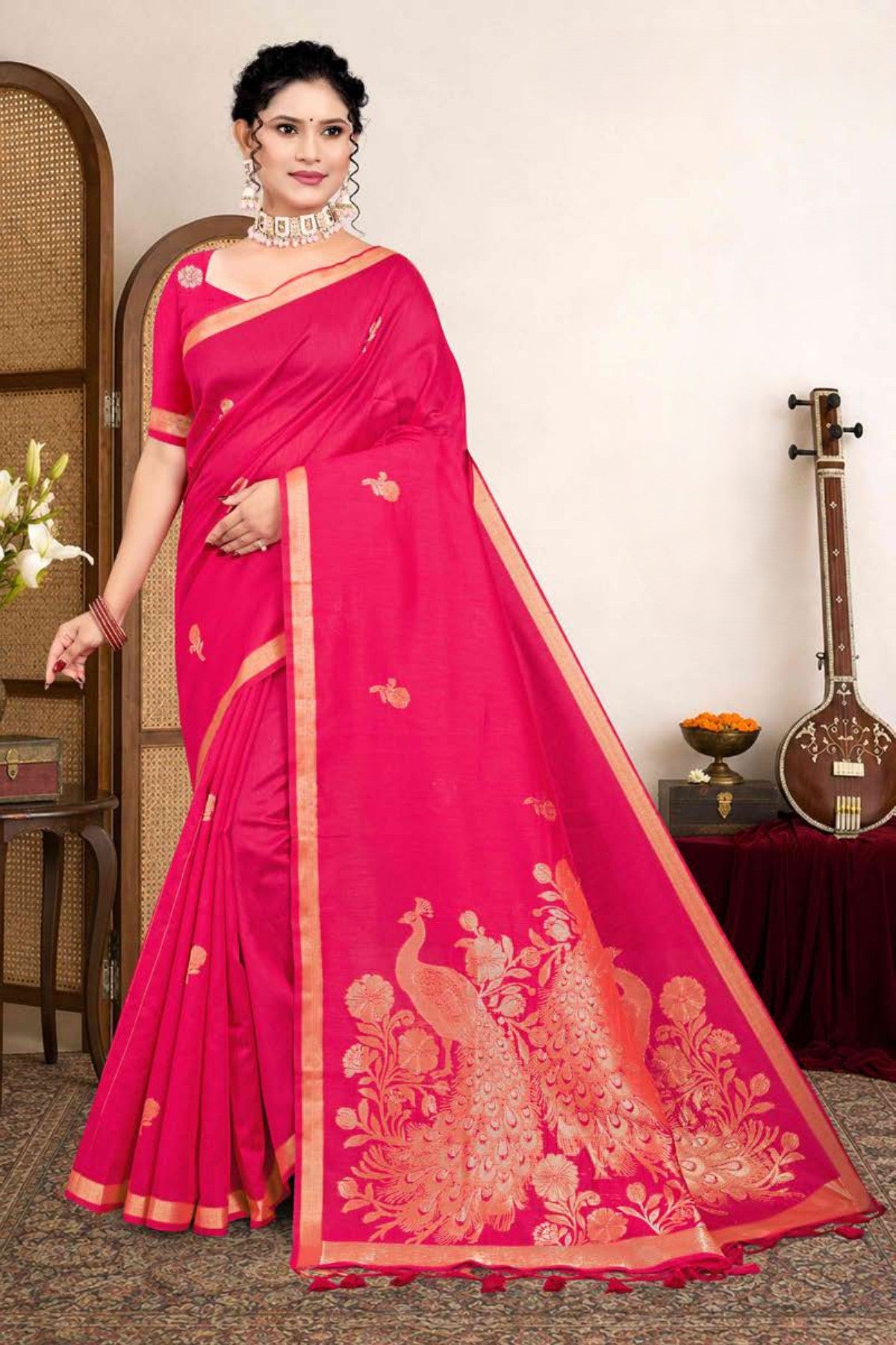 Zartari Premium Blended Mul Cotton Saree with Peacock Woven Pallu & Gold Zari Border