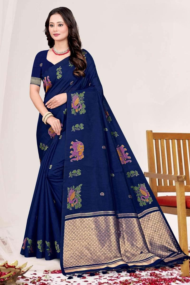 Zartari Blended Mul Cotton Saree with Kalamkari Woven Motifs & Rich Zari Border