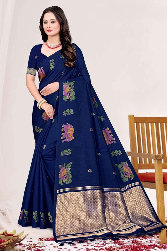 Zartari Blended Mul Cotton Saree with Kalamkari Woven Motifs & Rich Zari Border