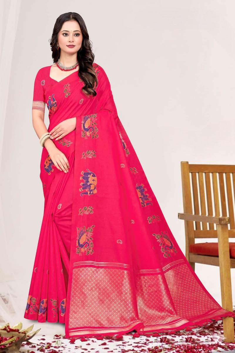 Zartari Blended Mul Cotton Saree with Kalamkari Woven Motifs & Rich Zari Border