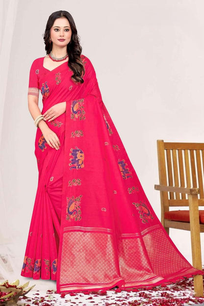 Zartari Blended Mul Cotton Saree with Kalamkari Woven Motifs & Rich Zari Border