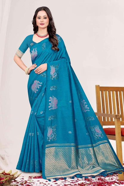 Zartari Blended Mul Cotton Saree with Kalamkari Woven Motifs & Rich Zari Border