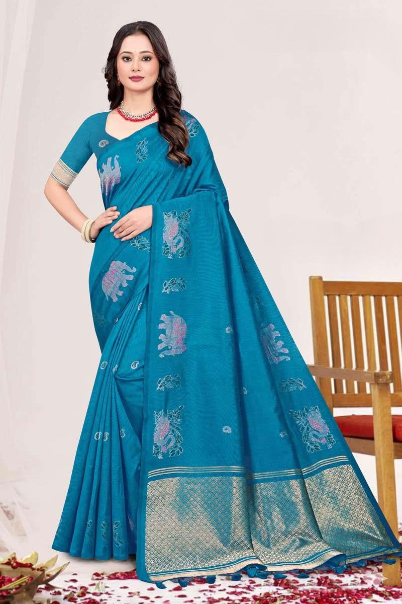 Zartari Blended Mul Cotton Saree with Kalamkari Woven Motifs & Rich Zari Border