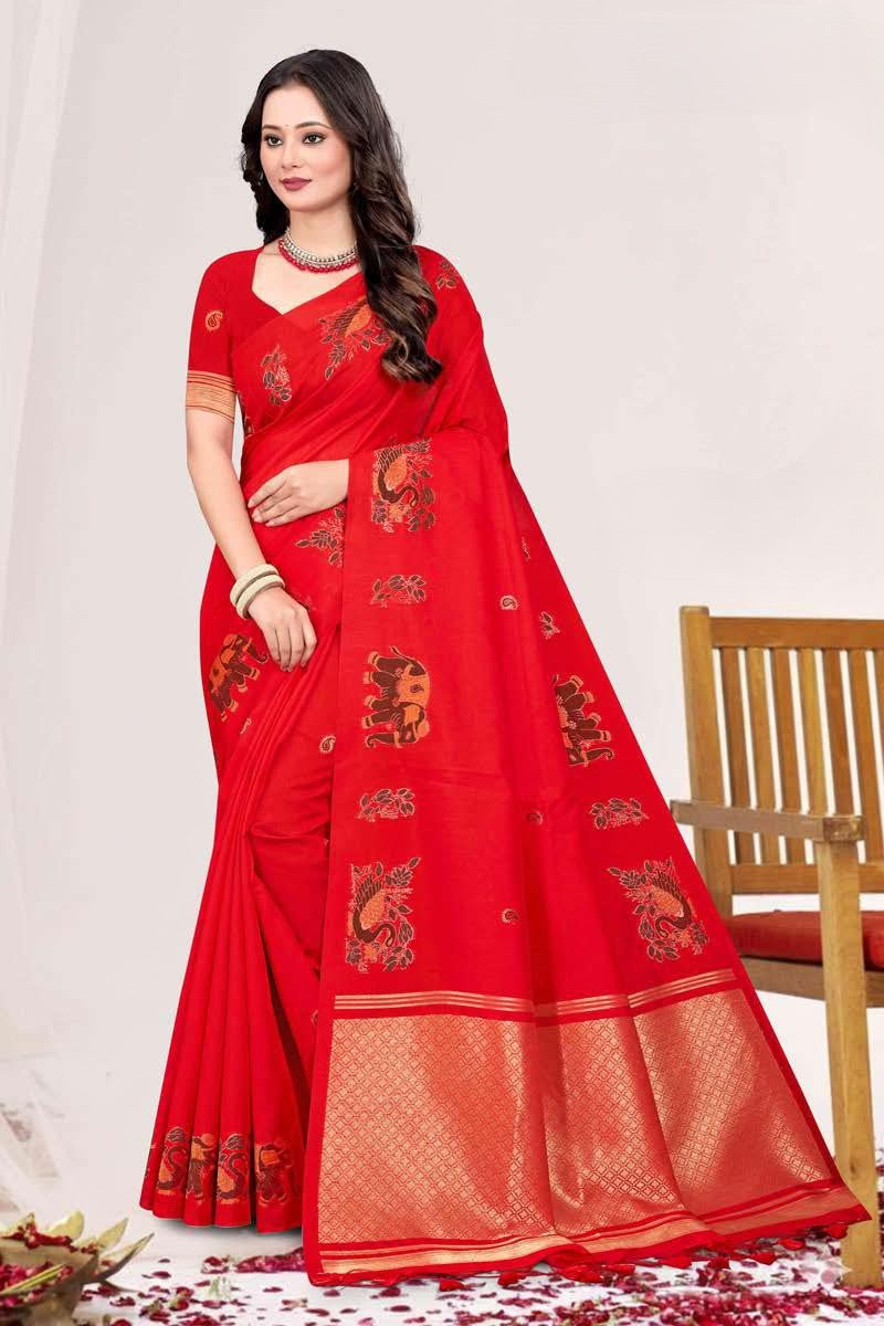 Zartari Blended Mul Cotton Saree with Kalamkari Woven Motifs & Rich Zari Border