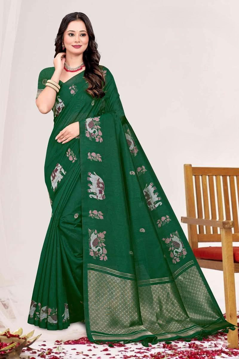 Zartari Blended Mul Cotton Saree with Kalamkari Woven Motifs & Rich Zari Border