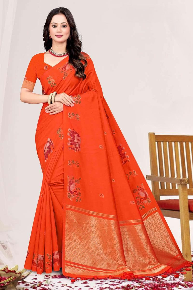 Zartari Blended Mul Cotton Saree with Kalamkari Woven Motifs & Rich Zari Border