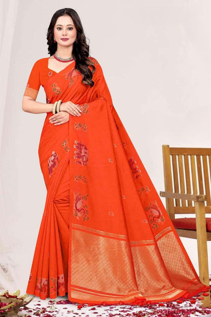 Zartari Blended Mul Cotton Saree with Kalamkari Woven Motifs & Rich Zari Border