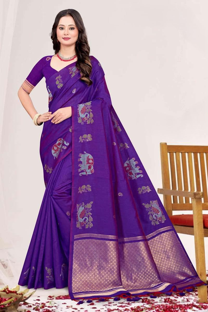 Zartari Blended Mul Cotton Saree with Kalamkari Woven Motifs & Rich Zari Border