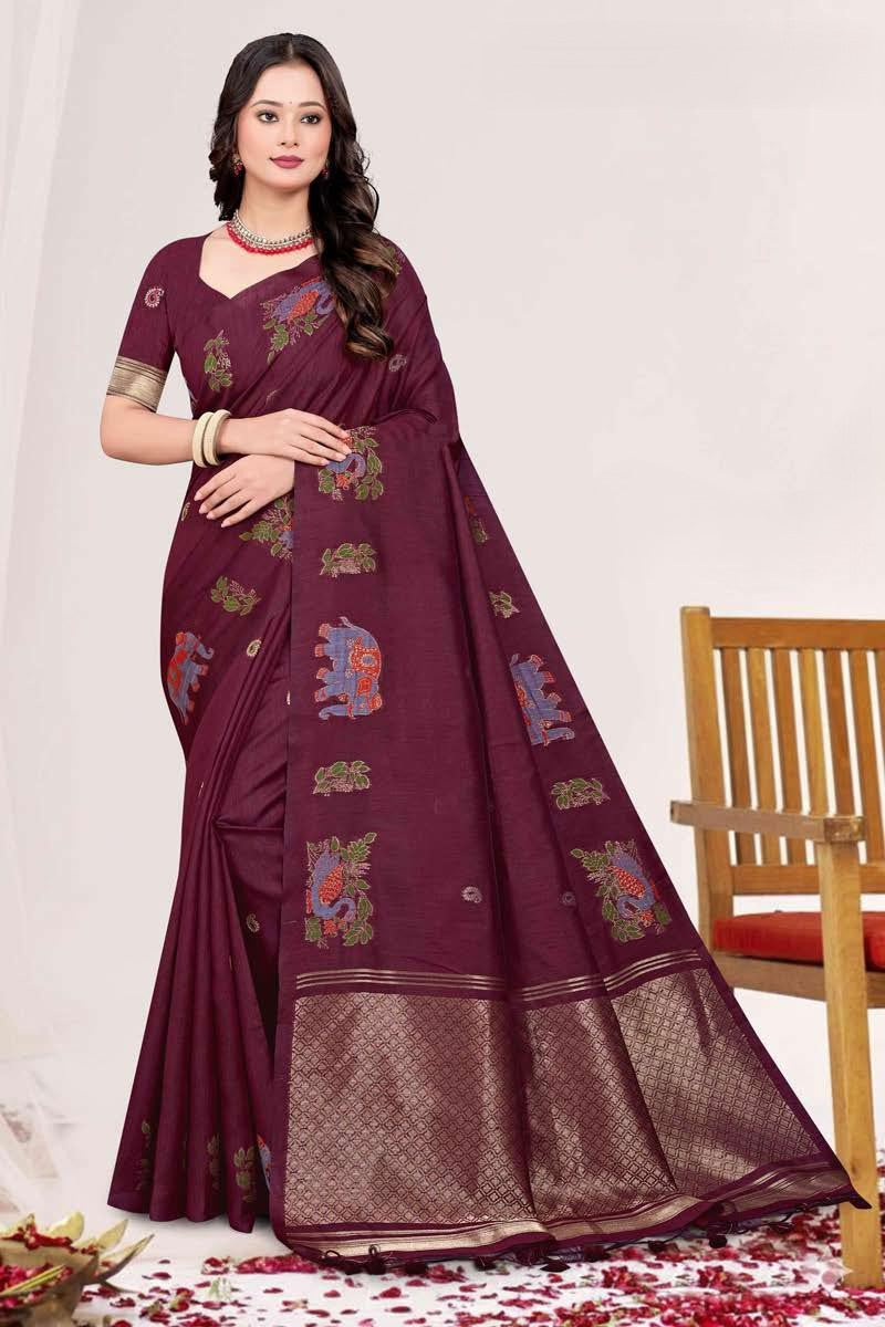 Zartari Blended Mul Cotton Saree with Kalamkari Woven Motifs & Rich Zari Border