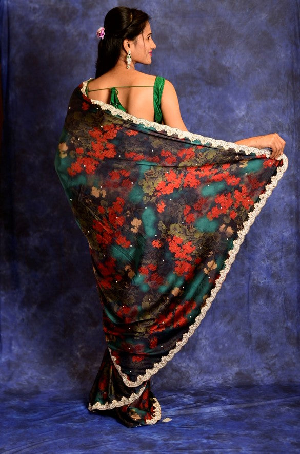 Designer floral satin party wear saree